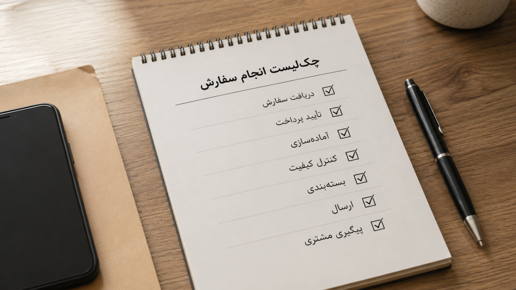 یک دفترچه روی میز کار مرتب که در آن چک‌لیست انجام سفارش با مراحل دریافت سفارش، تأیید پرداخت، آماده‌سازی، کنترل کیفیت، بسته‌بندی، ارسال و پیگیری مشتری نوشته شده است.
