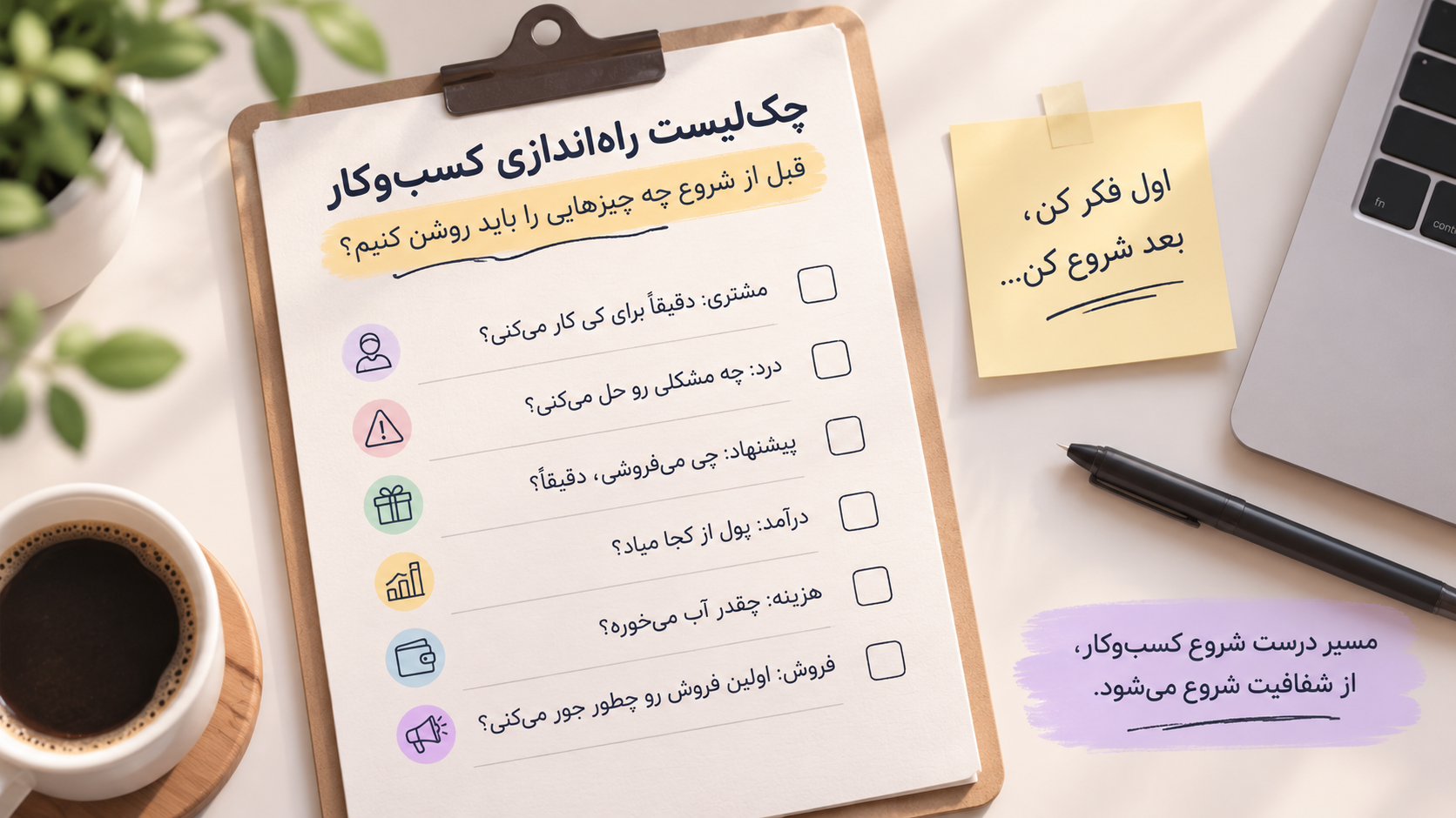 چک‌لیست راه‌اندازی کسب‌وکار با شش سؤال کلیدی برای بررسی مشتری، ارزش پیشنهادی، درآمد، هزینه و اولین فروش قبل از شروع کسب‌وکار