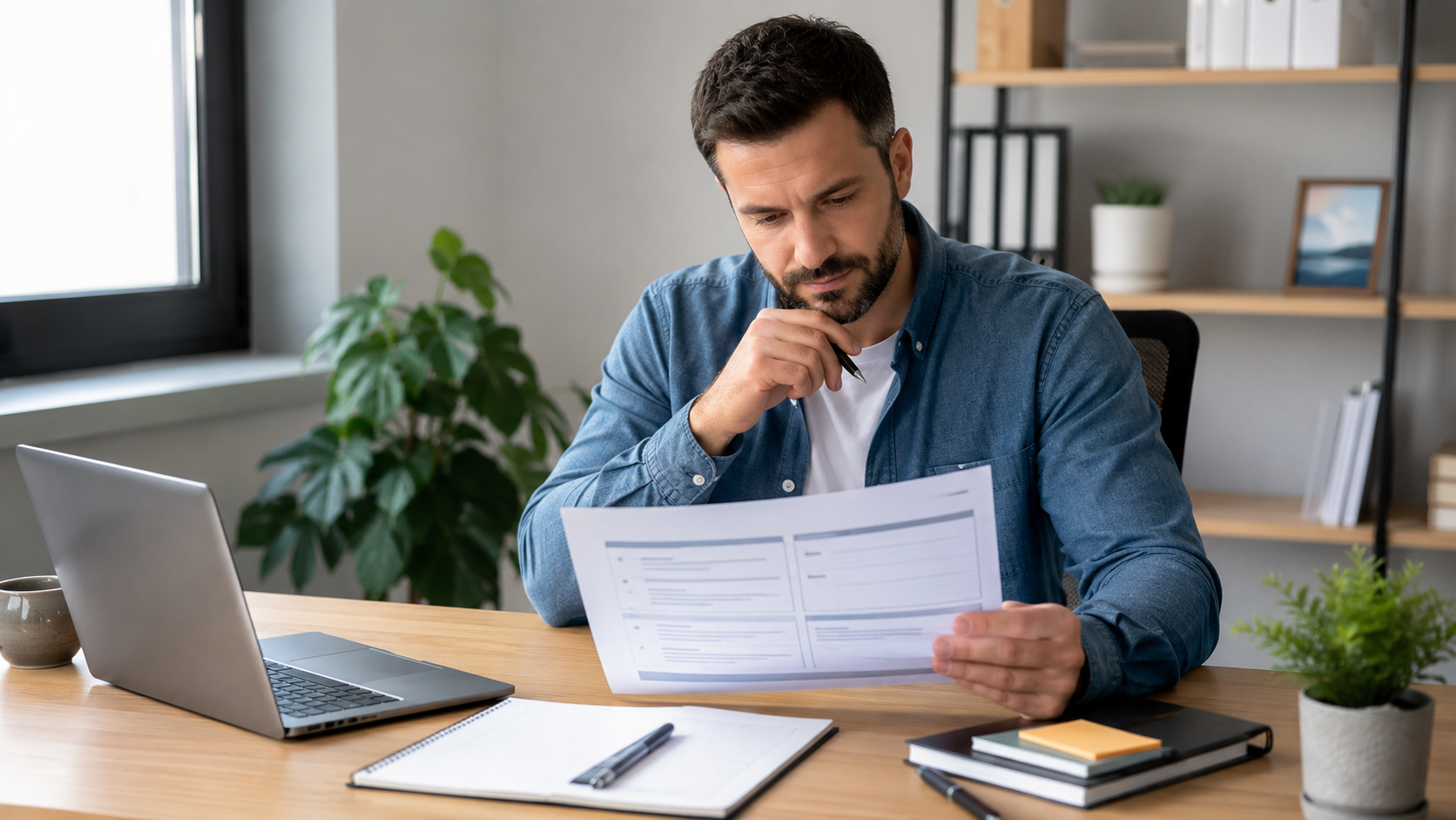 مدیر یک تیم کوچک در حال بررسی فرم تعریف نقش و شرح شغل، کنار لپتاپ و یادداشتهای کاری.
