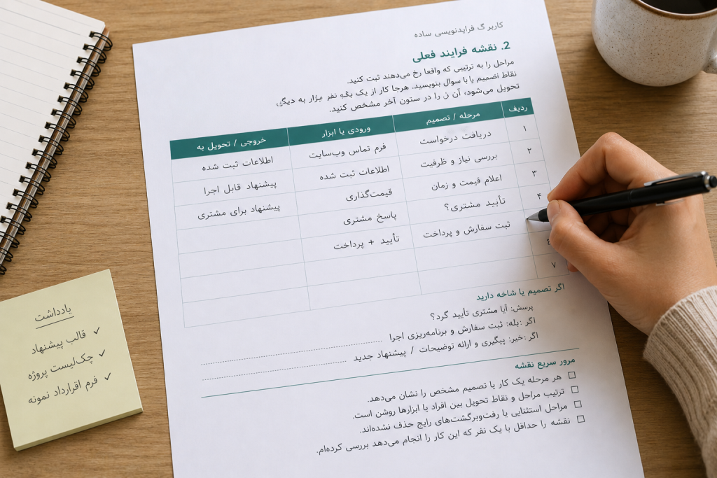 فردی در حال تکمیل کاربرگ فرایندنویسی روی میز کار، با چند مرحله از فرایند ثبت درخواست مشتری و بخش‌های خالی برای ادامه مسیر.