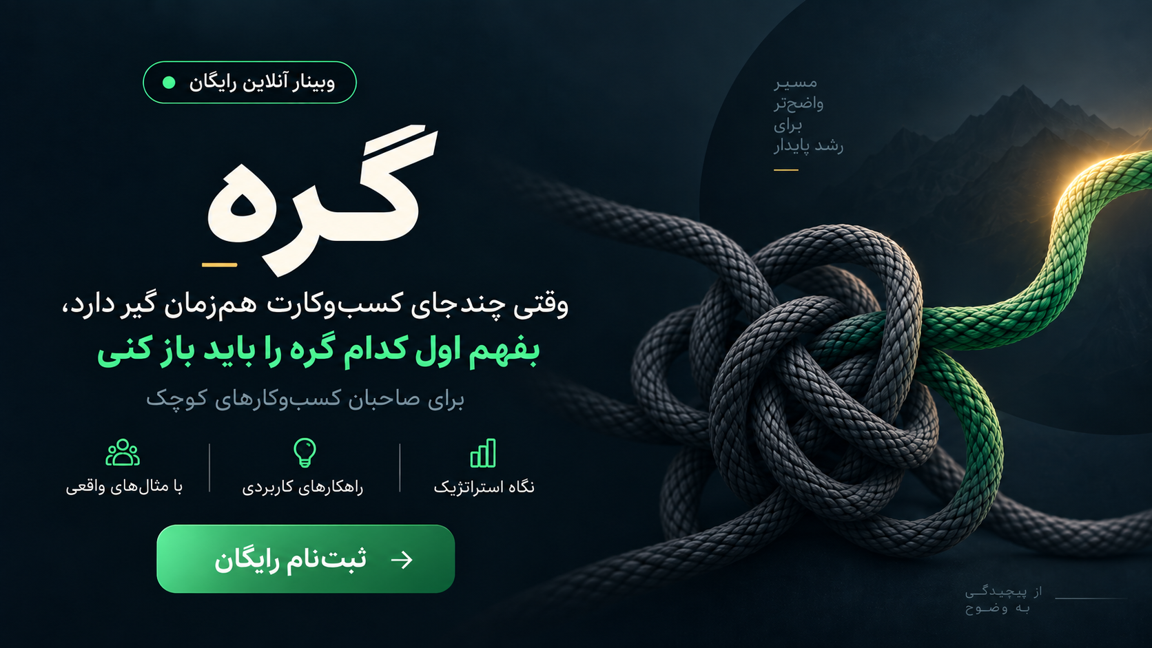 بنر وبینار آنلاین رایگان «گره» برای صاحبان کسب‌وکارهای کوچک، با تصویر گره طناب که به مسیر سبز و باز تبدیل می‌شود؛ درباره تشخیص اینکه کدام مسئله کسب‌وکار باید در اولویت قرار بگیرد.